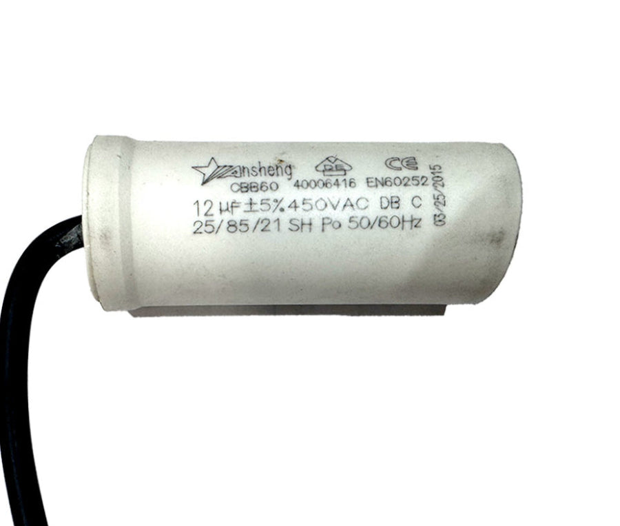 Compact CBB60 12 microfarad motor run capacitor with cylindrical housing and pre-fitted leads for reliable continuous-duty motor operation
