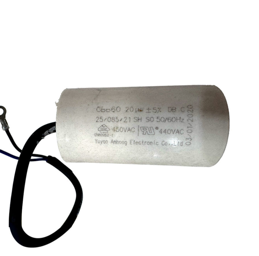CBB60 20 microfarad motor run capacitor with cylindrical housing and pre-fitted leads for reliable continuous-duty motor performance