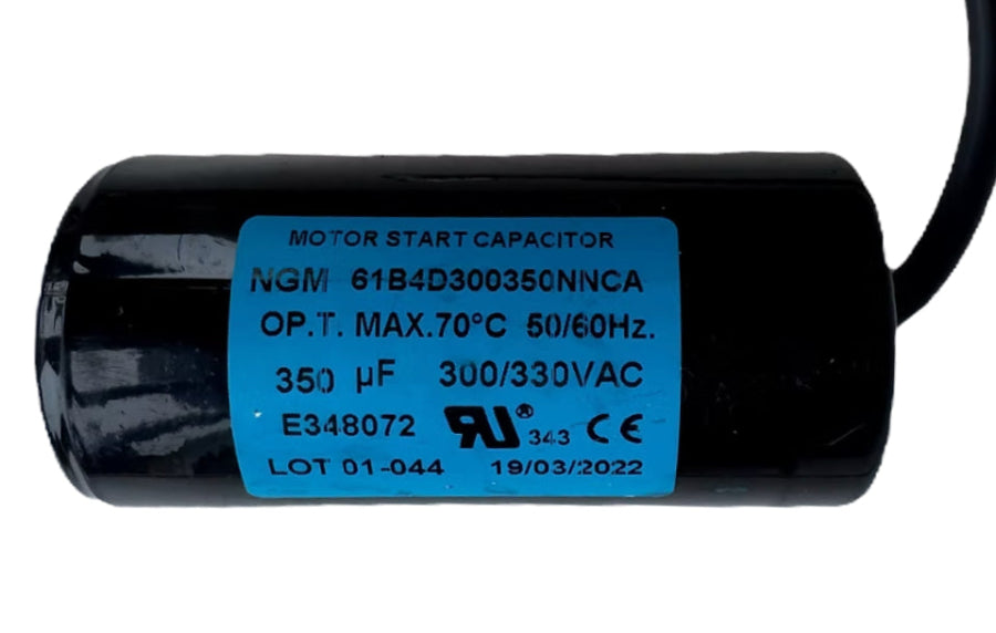 Heavy-duty 350 microfarad motor start capacitor with lug-style terminals and stud mount for high-load motor startup applications