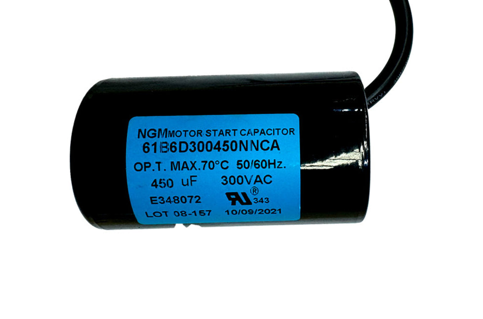 Motor start capacitor 450 microfarad 300VAC with lug-style terminals and stud mount for high-load motor startup applications