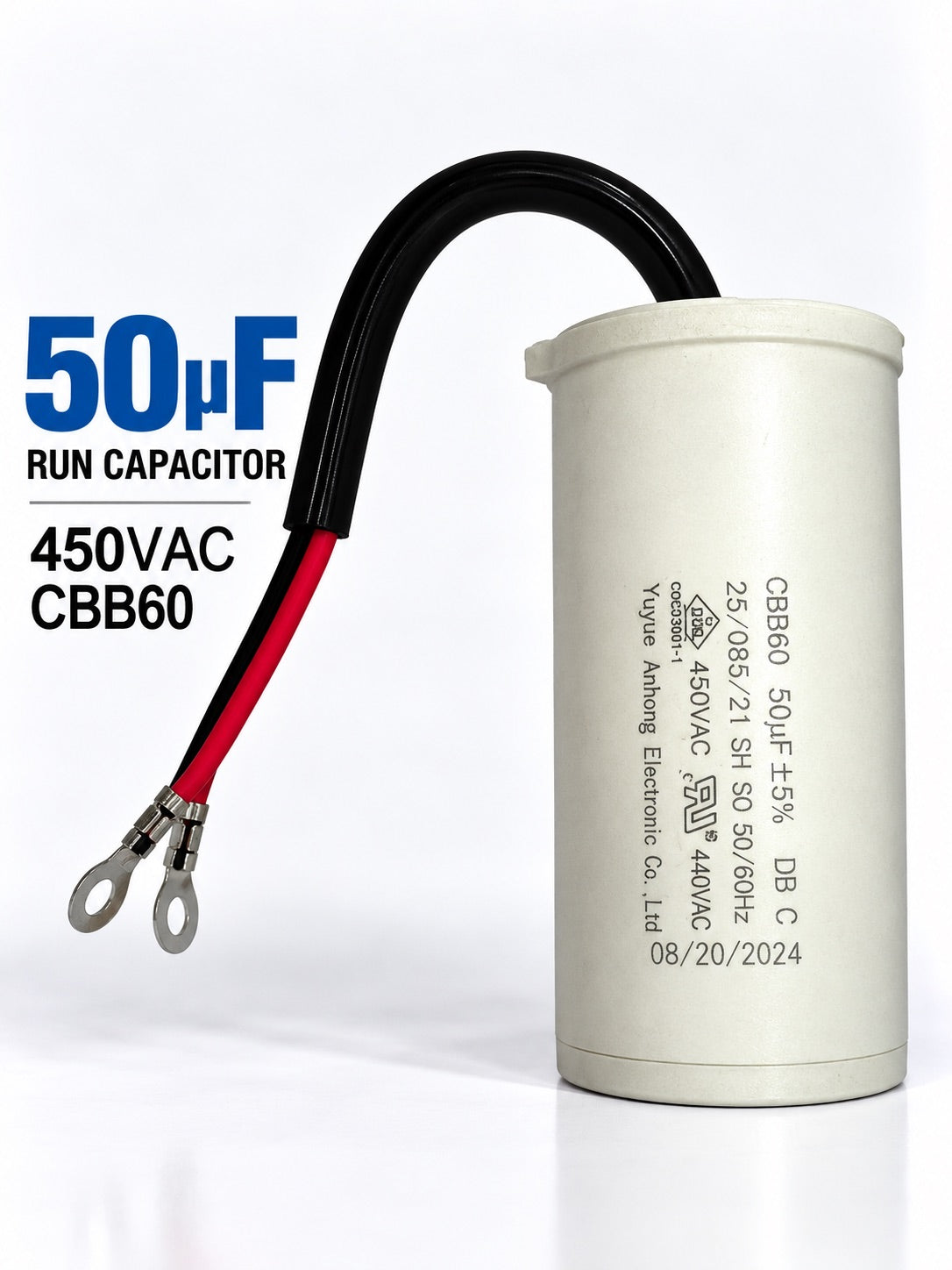 50uF 450VAC CBB60 motor run capacitor for single-phase electric motors used in HVAC systems, pumps, compressors, and fans