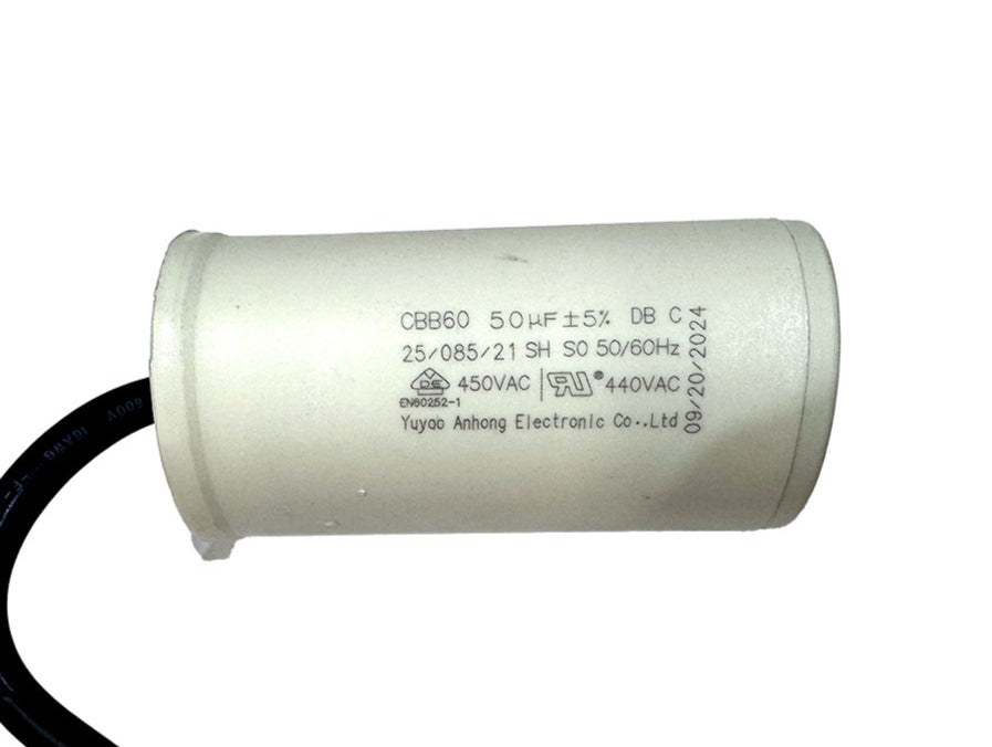 CBB60 50 microfarad motor run capacitor with cylindrical housing and pre-fitted leads for reliable continuous-duty motor operation