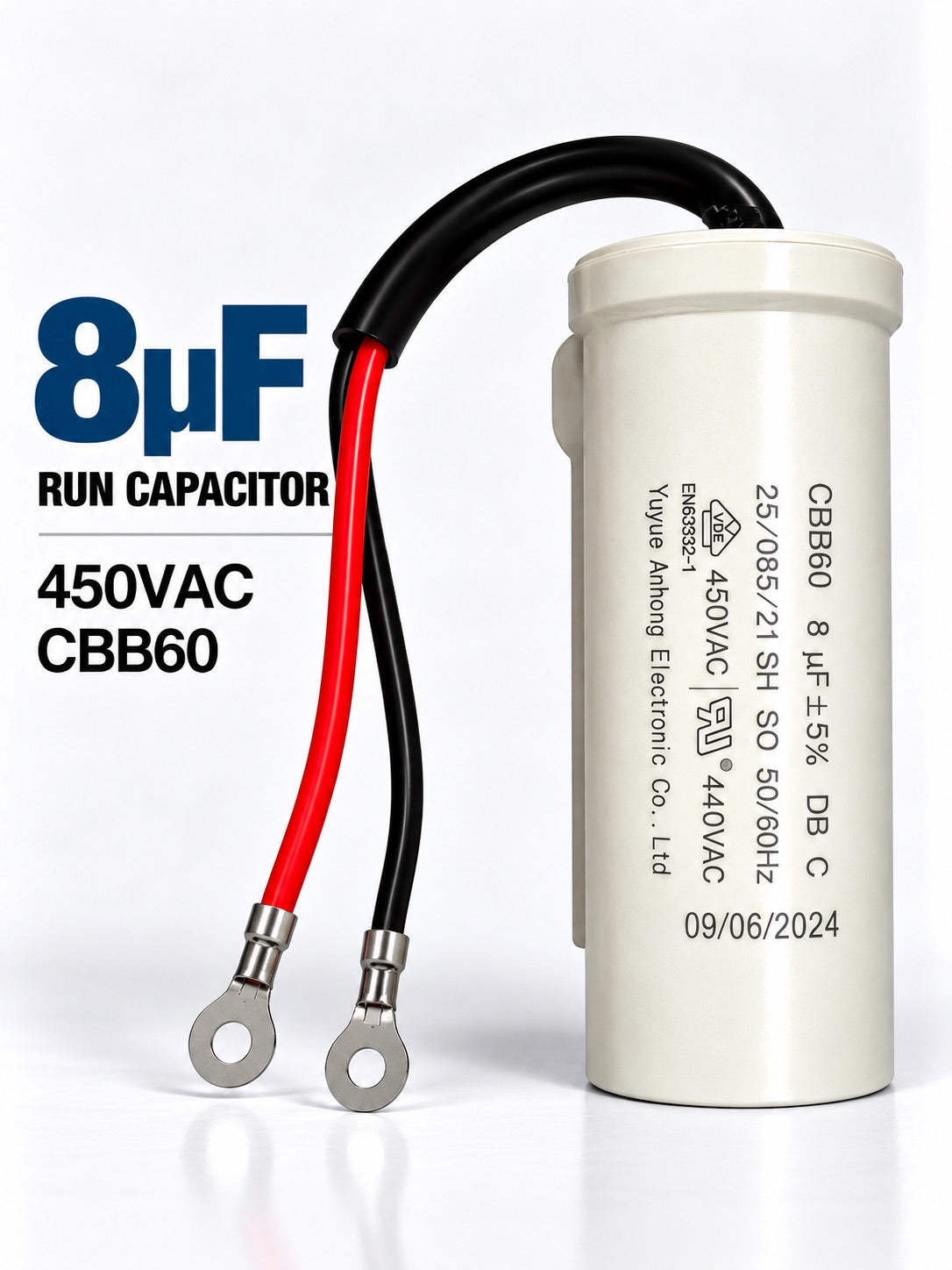 8uF 450VAC CBB60 motor run capacitor for single-phase electric motors used in HVAC systems, pumps, compressors, and fans
