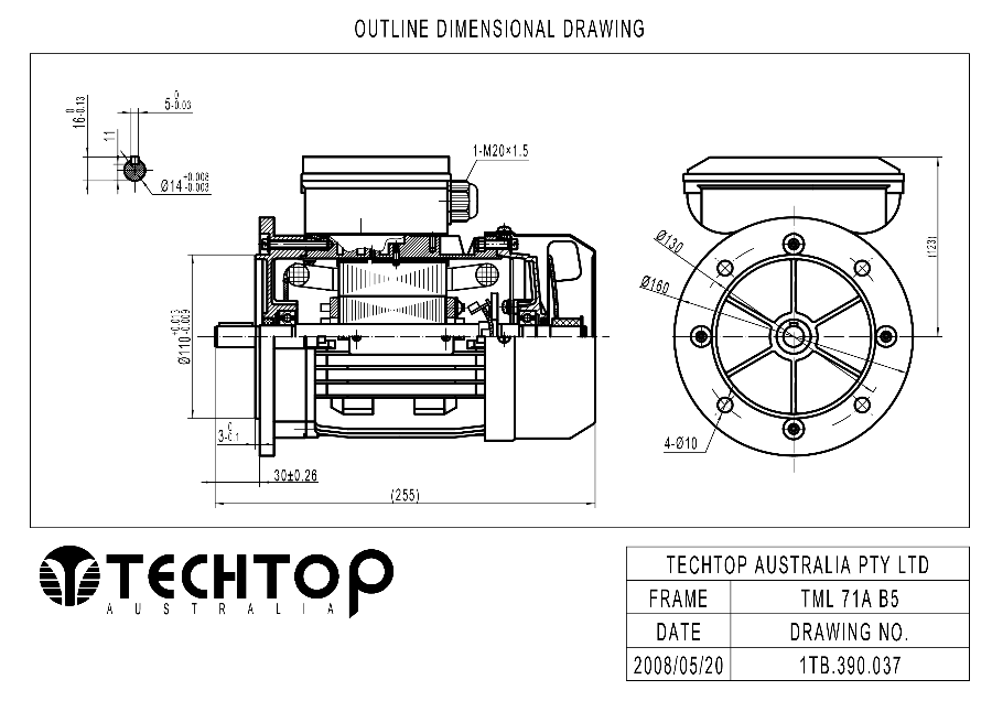 Techtop TML 71 B5 flange mount dimensional drawing for single phase electric motor