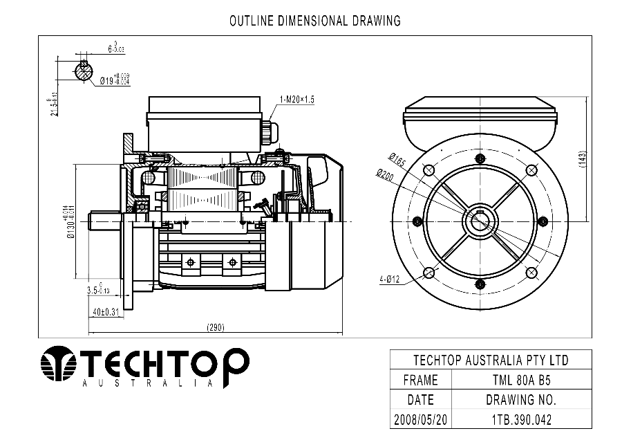 Techtop TML 80A B5 flange mount dimensional drawing for single phase electric motor