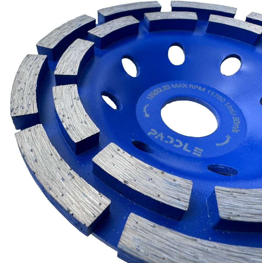 Double row diamond grinding cup wheel showing 20 industrial diamond segments for aggressive material removal