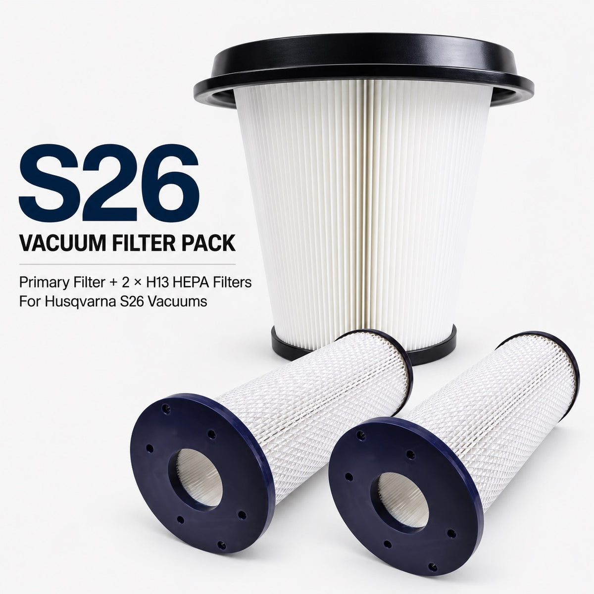 S26 vacuum filter pack with one genuine Husqvarna conical primary filter and two Paddle H13 HEPA cartridge filters