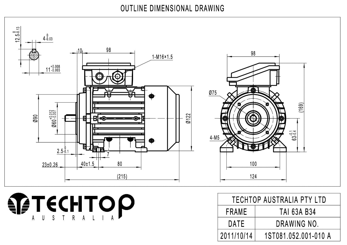 Techtop TAI 63A frame B34 foot and face mount electric motor dimensional drawin