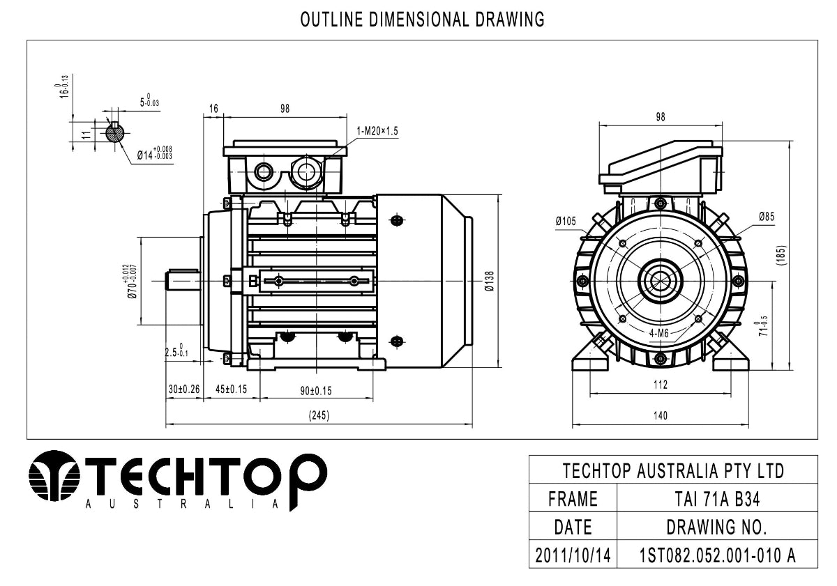 Techtop TAI 71A frame B34 foot and face mount electric motor dimensional drawing