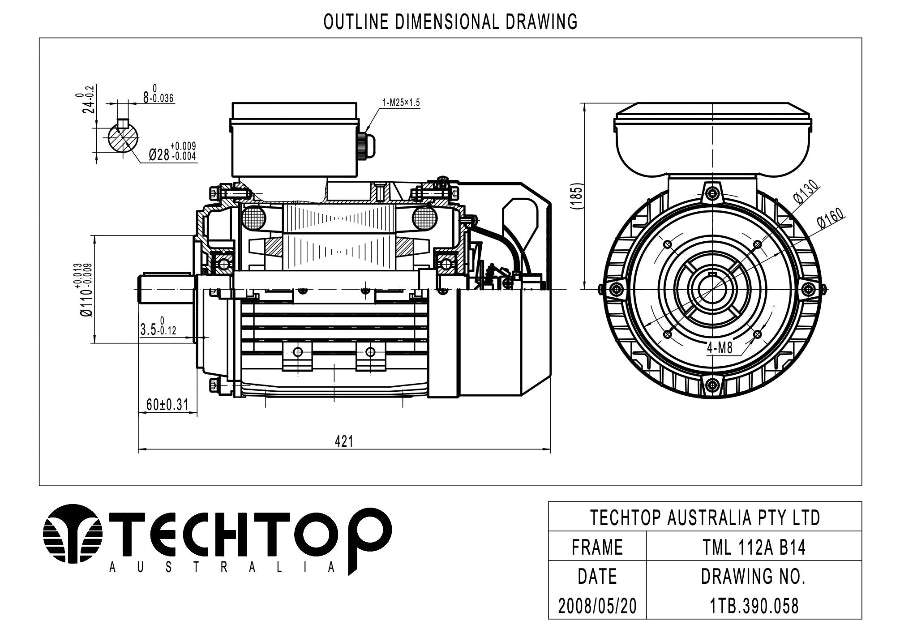 Techtop TML 112A B14 face mount single phase electric motor dimensional drawing showing face mount dimensions and shaft measurements.