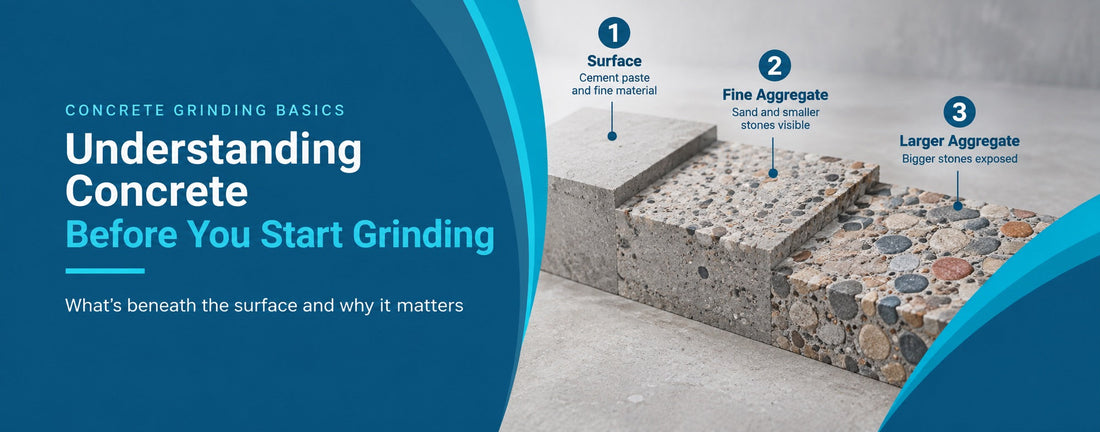 Concrete grinding stages showing surface cement paste, fine aggregate and larger aggregate exposure