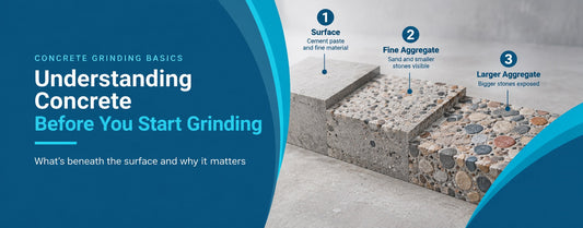 Concrete grinding stages showing surface cement paste, fine aggregate and larger aggregate exposure