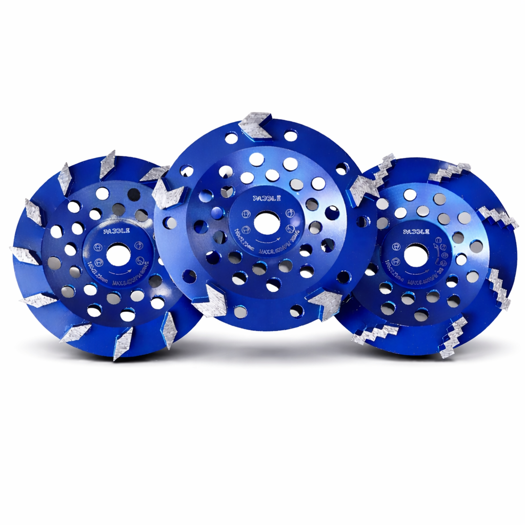 Diamond grinding cup wheels with arrow, segmented, and zig-zag patterns on a light background