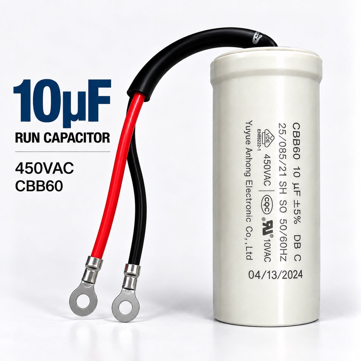 10uF 450VAC CBB60 motor run capacitor for single-phase electric motors used in HVAC systems, pumps, compressors, and fans