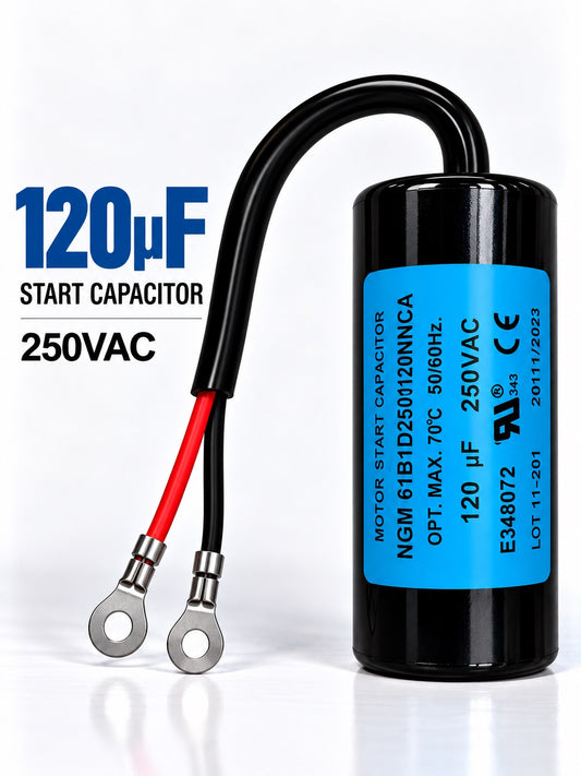 120µF (120uF) 250VAC Motor Start Capacitor, black plastic E348072