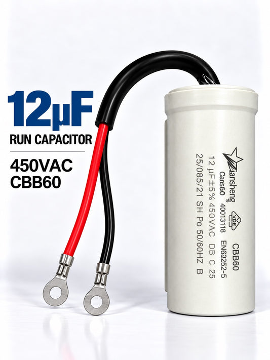 12uF 450VAC CBB60 motor run capacitor for single-phase electric motors used in HVAC systems, pumps, compressors, and fans