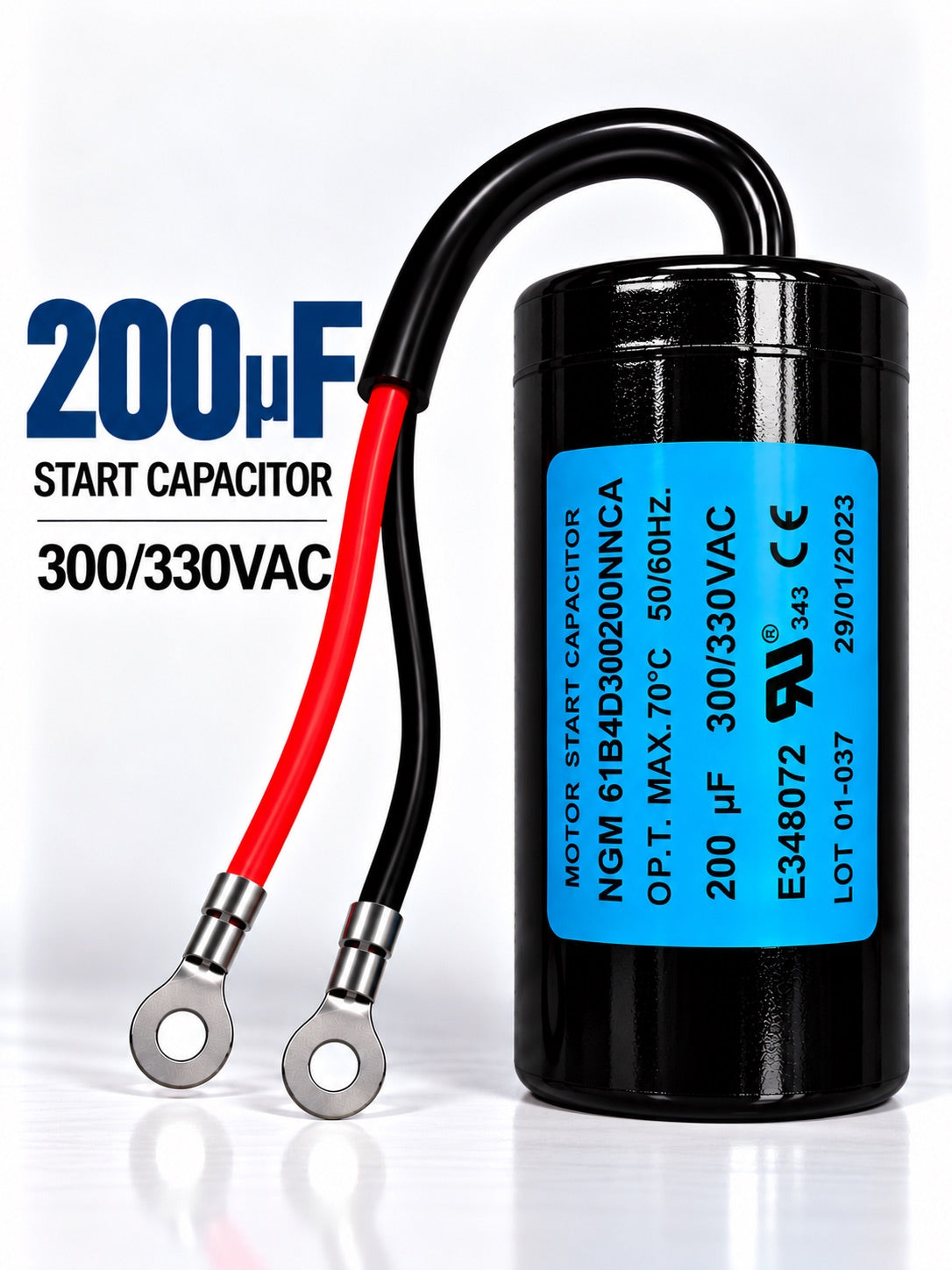 200uF 300/330VAC motor start capacitor for single-phase electric motors used in HVAC systems, compressors, and pumps