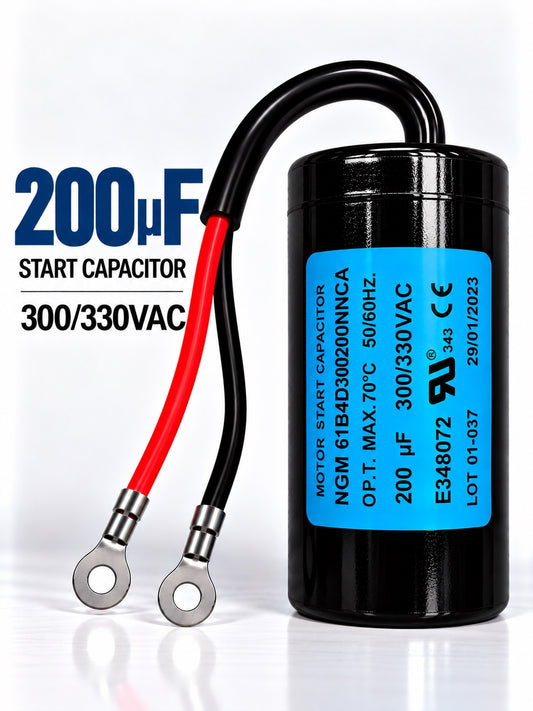 200uF 300/330VAC motor start capacitor for single-phase electric motors used in HVAC systems, compressors, and pumps