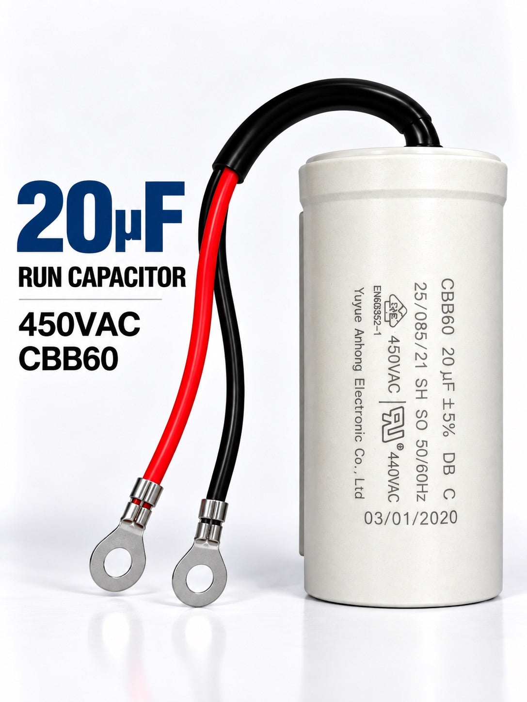 20uF 450VAC CBB60 motor run capacitor for single-phase electric motors used in HVAC systems, pumps, compressors, and fans