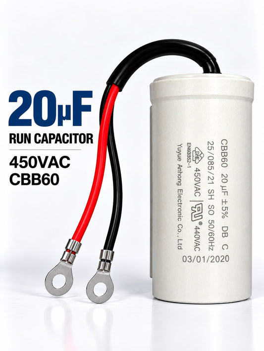 20uF 450VAC CBB60 motor run capacitor for single-phase electric motors used in HVAC systems, pumps, compressors, and fans