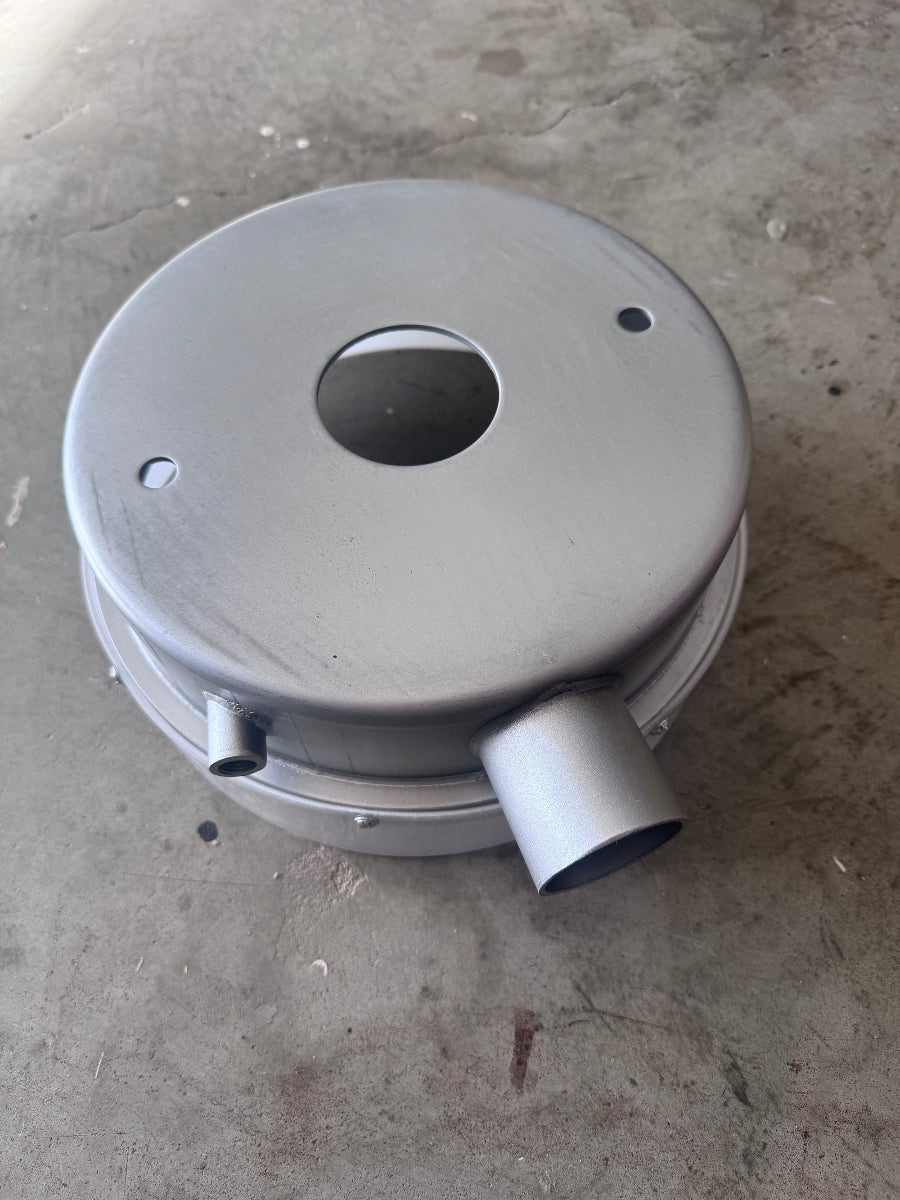 Full grinder shroud with white plastic dust skirt installed on 250mm floor grinder