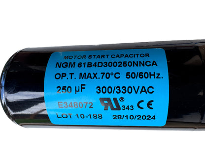 Heavy-duty 250 microfarad motor start capacitor with cylindrical housing for reliable high-load motor startup applications