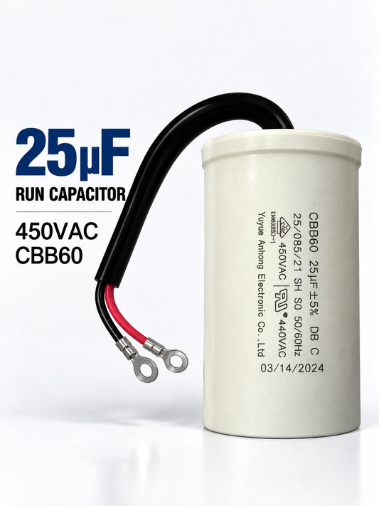 
25uF 450VAC CBB60 motor run capacitor for single-phase motors used in HVAC systems, pumps, compressors, and fans
