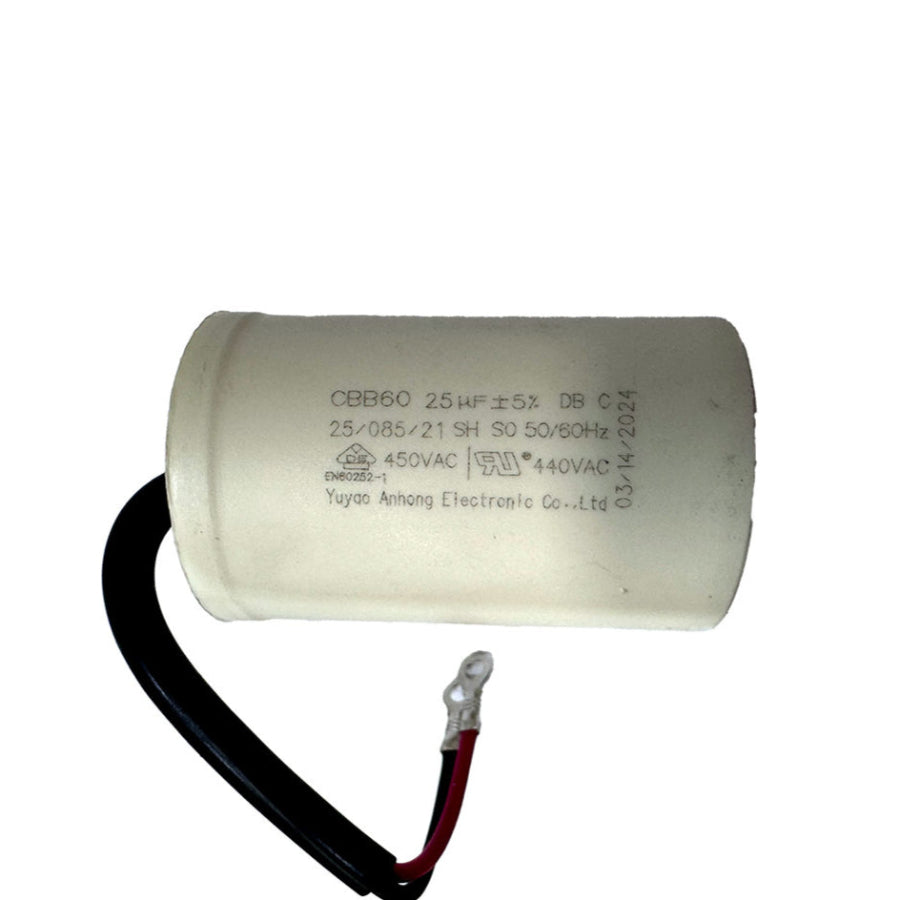 CBB60 25 microfarad motor run capacitor with cylindrical housing and pre-fitted leads for reliable continuous-duty motor operation
