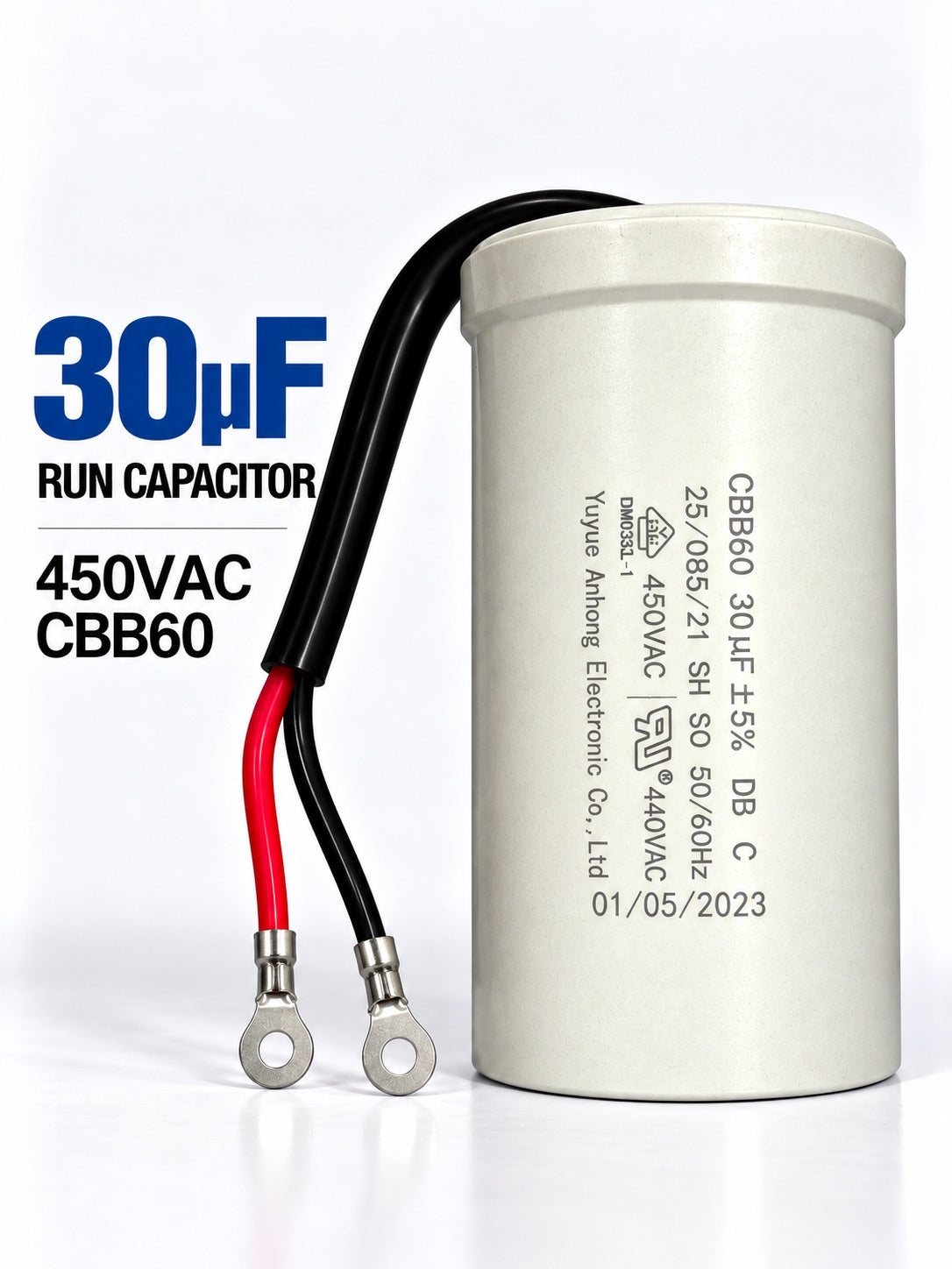 30uF 450VAC motor run capacitor CBB60 for single-phase electric motors used in HVAC systems, pumps, compressors, and fans