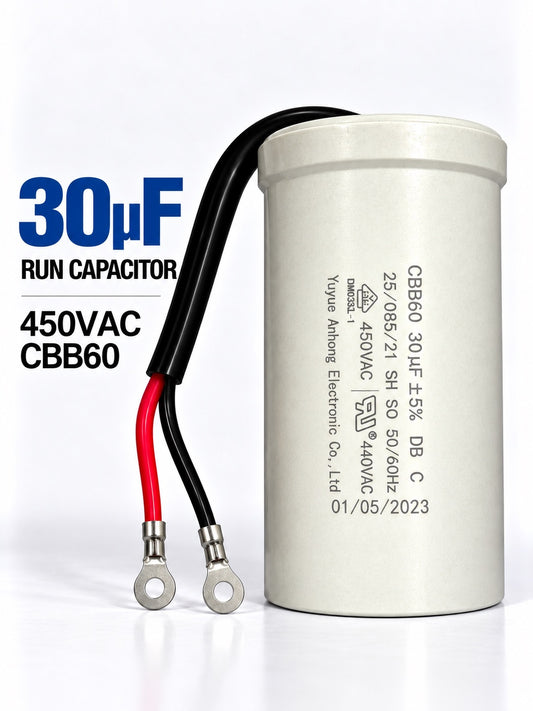 30uF 450VAC motor run capacitor CBB60 for single-phase electric motors used in HVAC systems, pumps, compressors, and fans