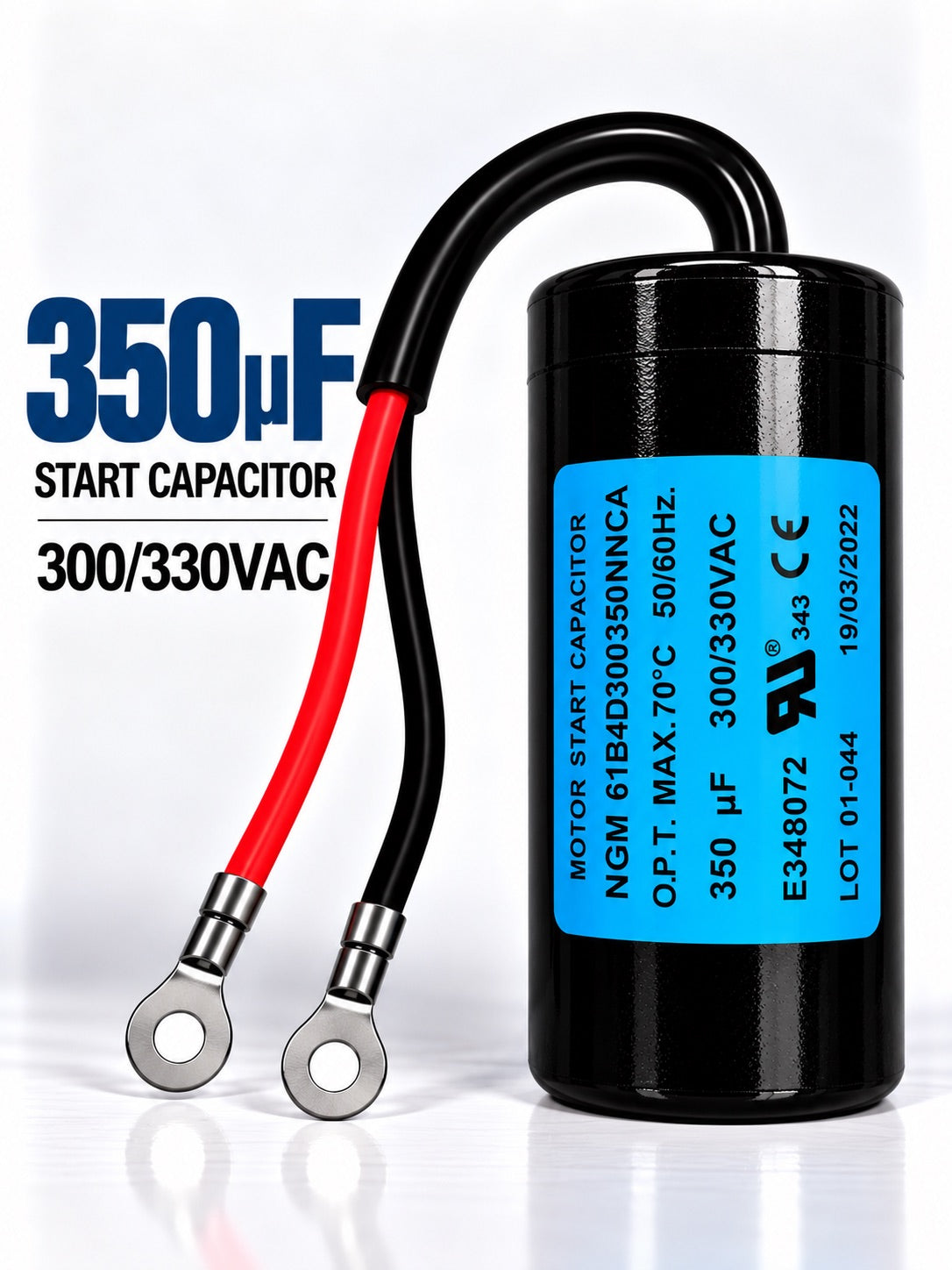 350uF 300/330VAC motor start capacitor for single-phase electric motors used in HVAC systems, compressors, and pumps