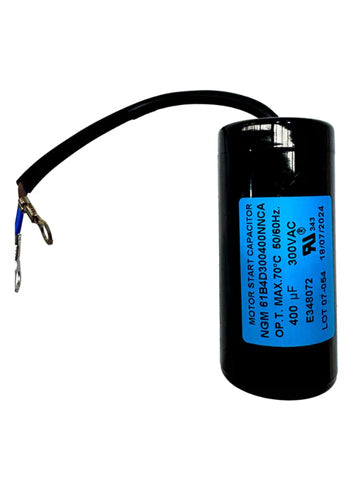 Motor start capacitor 400 microfarad 300VAC with lug-style terminals and stud mount for high-load motor startup applications
