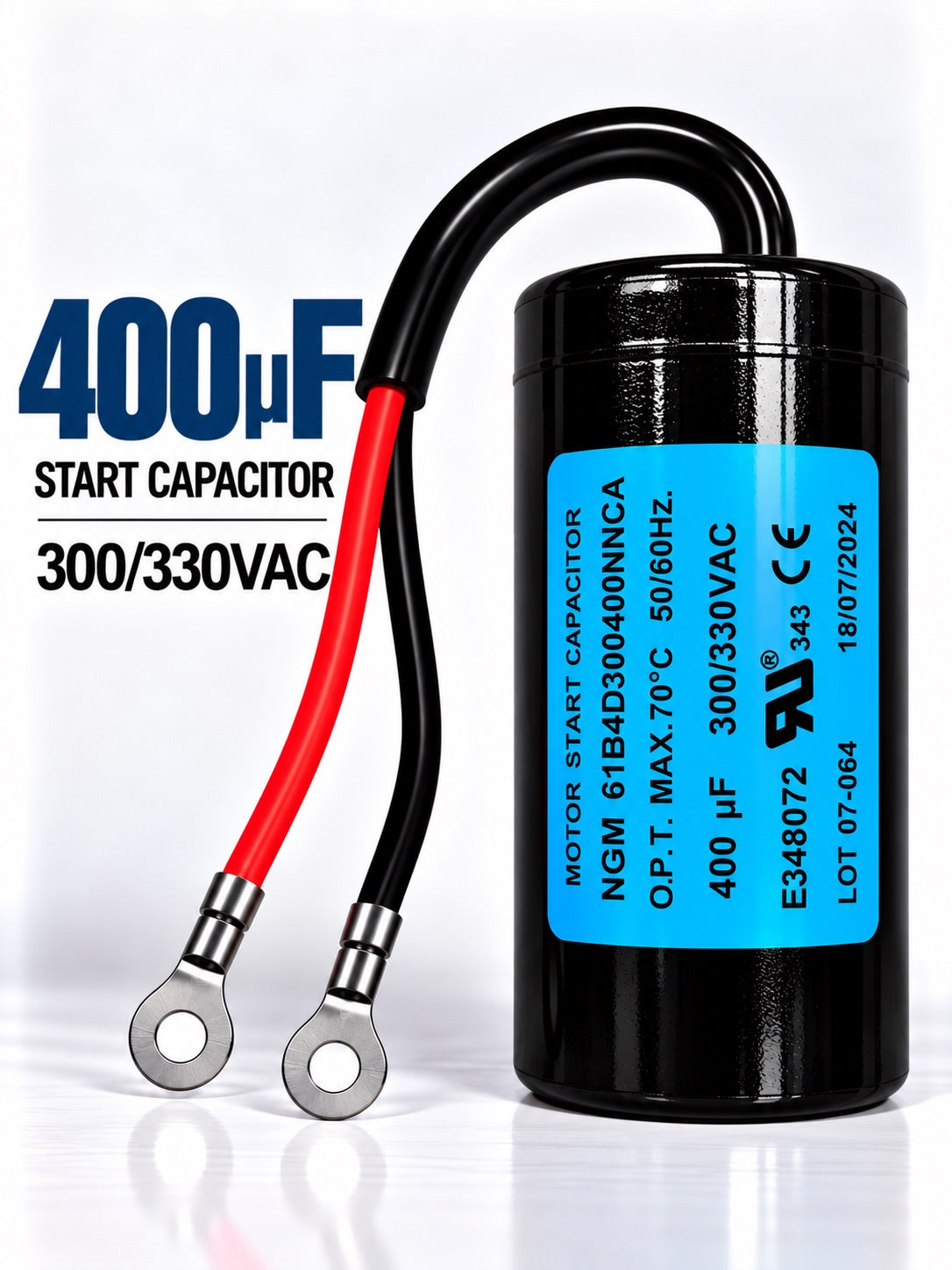 Motor start capacitor 400 microfarad 300VAC with lug-style terminals and stud mount for high-load motor startup applications