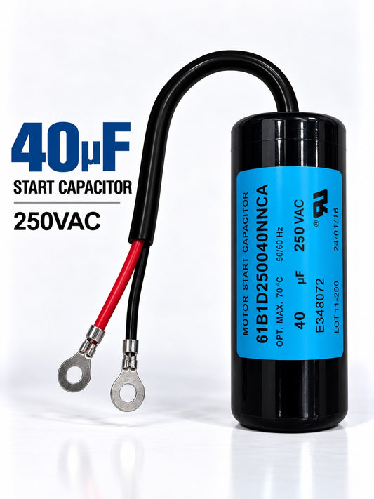 Compact 40 microfarad 250VAC motor start capacitor with cylindrical housing for reliable motor startup applications