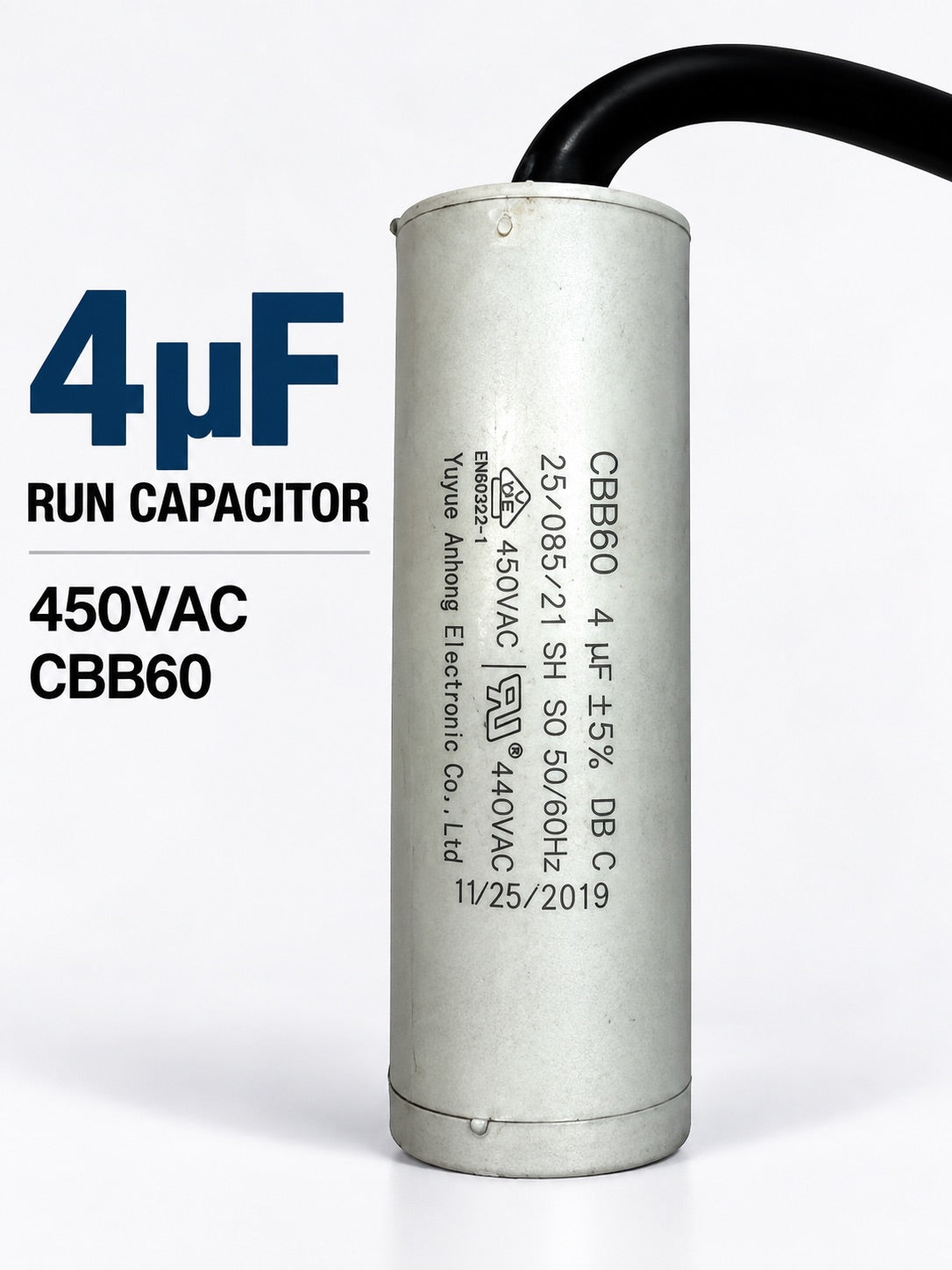 4uF 450VAC CBB60 motor run capacitor for single-phase electric motors used in HVAC systems, pumps, compressors, and fans