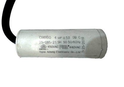 Compact CBB60 4 microfarad motor run capacitor with cylindrical housing and pre-fitted leads for reliable continuous-duty motor operation