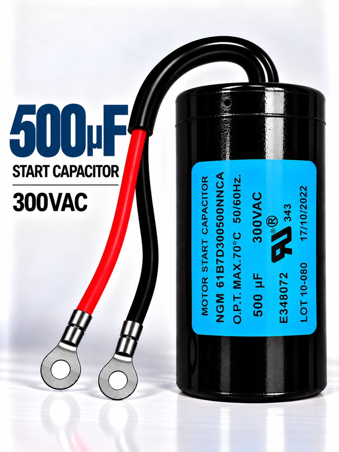 500uF 300VAC motor start capacitor for single-phase electric motors used in HVAC systems, compressors, pumps, and industrial equipment