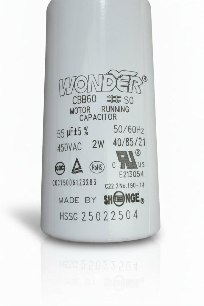 55µF 450VAC motor run capacitor suitable for Husqvarna PG-280 floor grinders and single-phase electric motors.