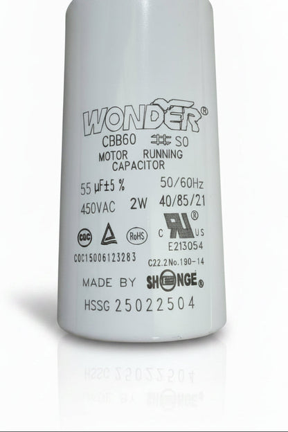 55µF 450VAC motor run capacitor suitable for Husqvarna PG-280 floor grinders and single-phase electric motors.