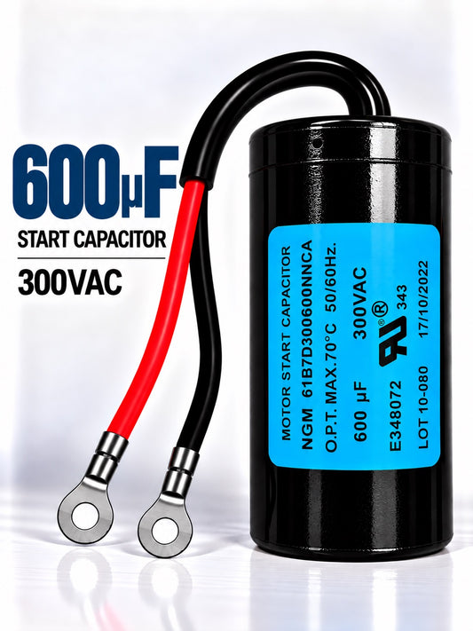 600uF 300VAC motor start capacitor for single-phase electric motors used in HVAC systems, compressors, pumps, and industrial machinery
