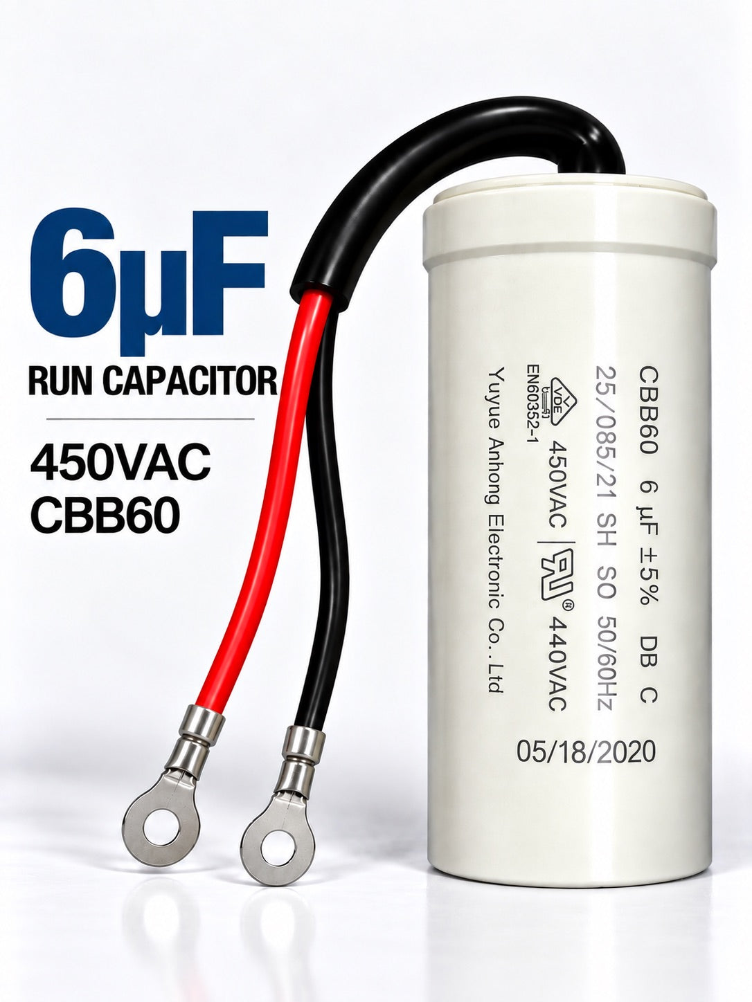 6uF 450VAC CBB60 motor run capacitor for single-phase electric motors used in HVAC systems, pumps, compressors, and fans