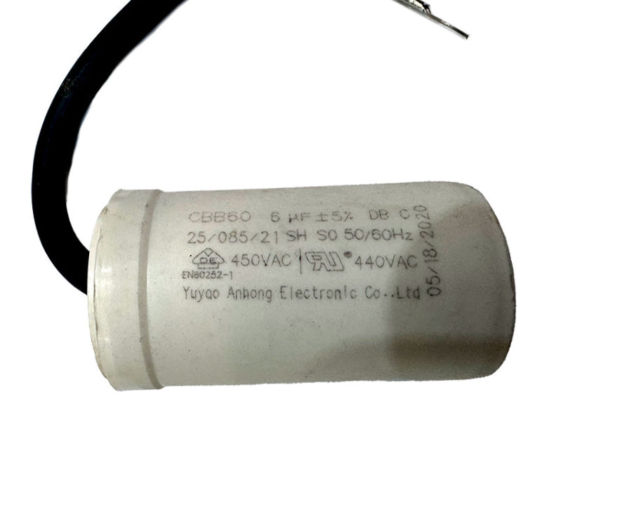 Compact CBB60 6 microfarad motor run capacitor with cylindrical housing and pre-fitted leads for reliable continuous-duty motor operation