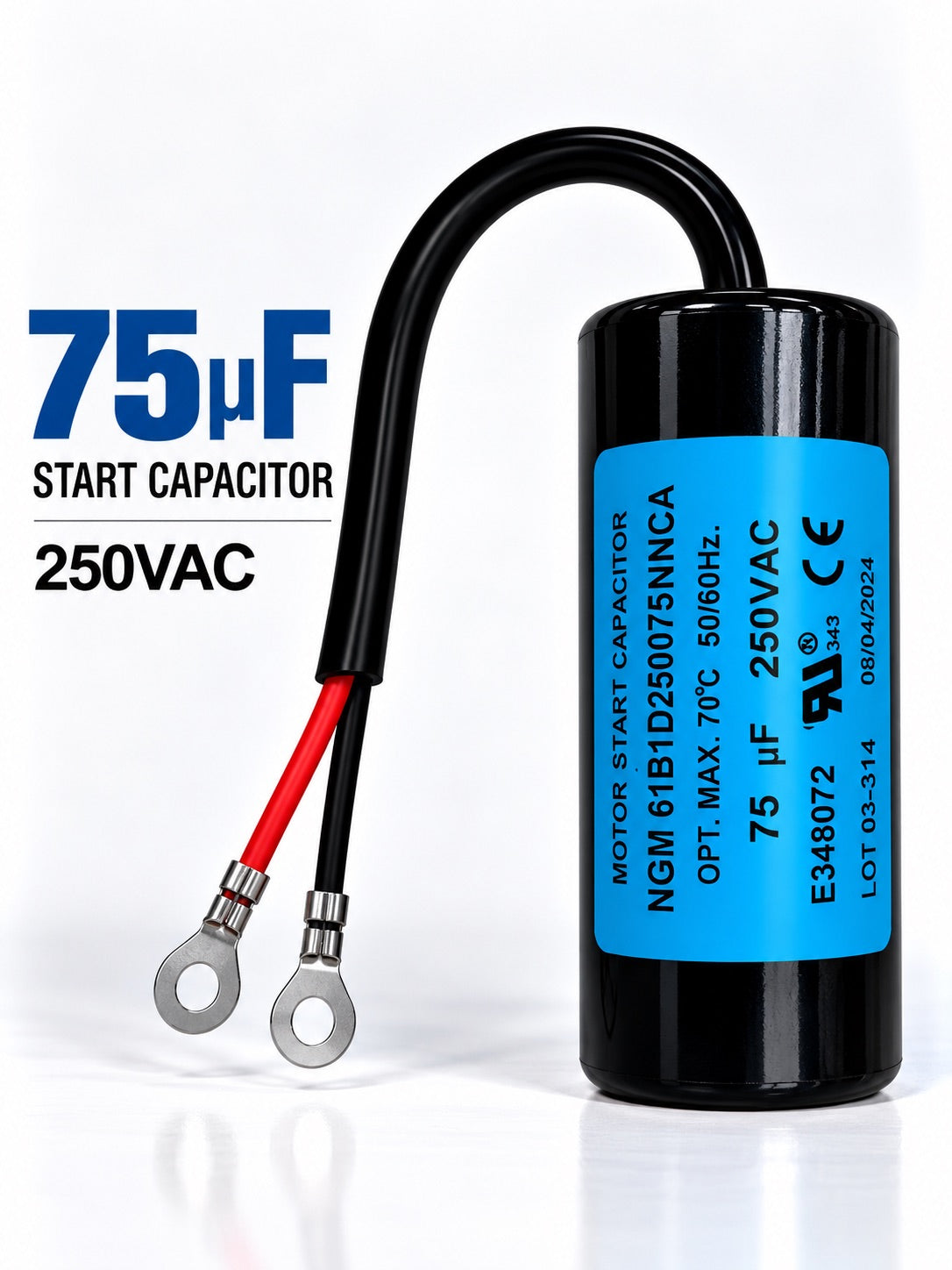 75uF 250VAC motor start capacitor for single-phase electric motors used in HVAC systems, compressors, and pumps