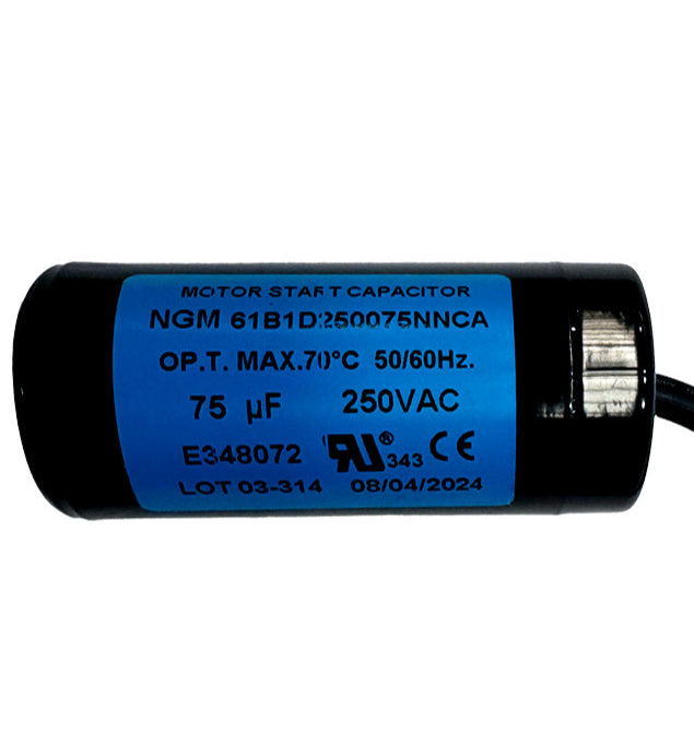 Compact 75 microfarad 250VAC motor start capacitor with cylindrical housing for reliable motor startup applications