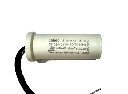 CBB60 8 microfarad motor run capacitor with cylindrical housing and pre-fitted leads for reliable continuous-duty motor operation