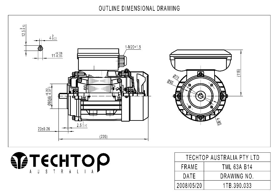 Techtop TML 63 B14 face mount dimensional drawing for single phase electric motor