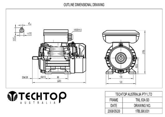 Techtop TML 63 B3 foot mount dimensional drawing for single phase electric motor