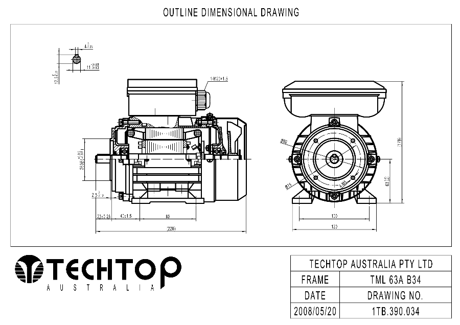 Techtop TML 63 B34 foot and face mount dimensional drawing for single phase electric motor