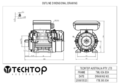 Techtop TML 63 B34 foot and face mount dimensional drawing for single phase electric motor