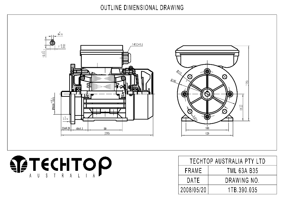Techtop TML 63 B35 foot and flange mount dimensional drawing for single phase electric motor
